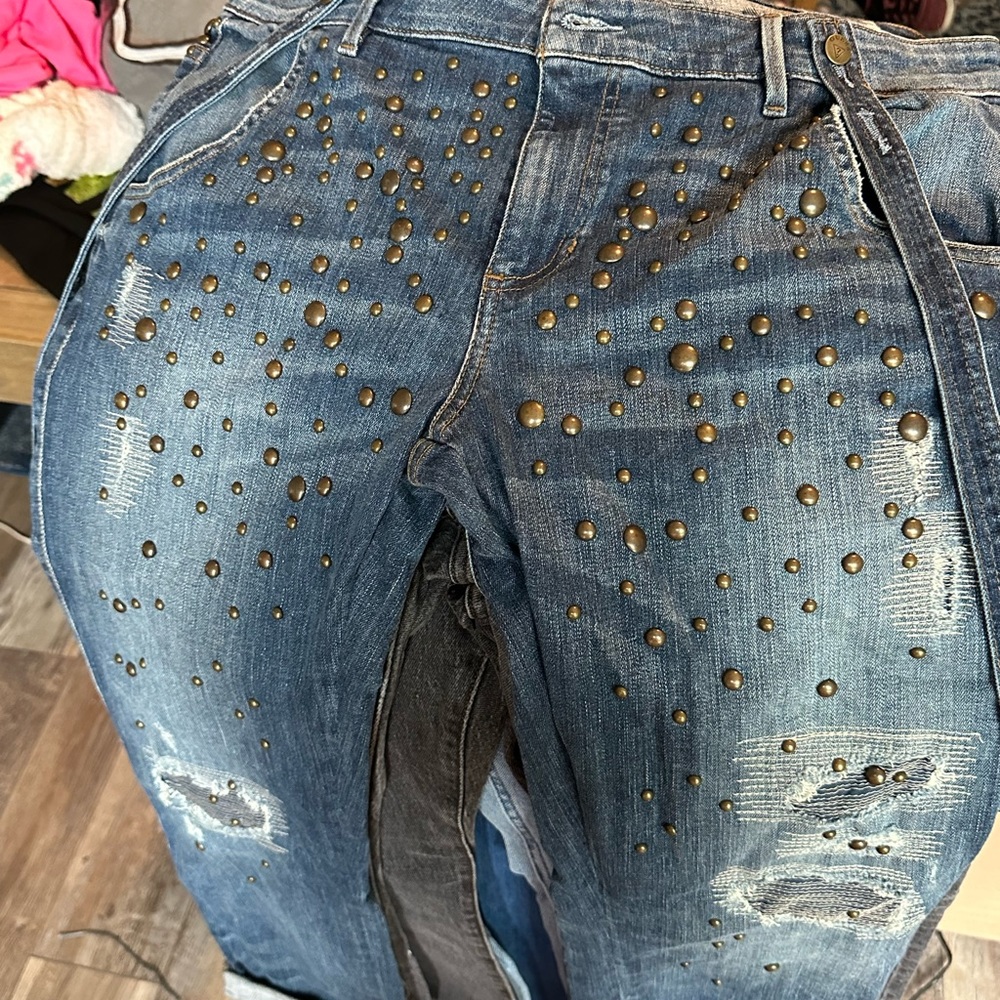 Guess jeans studded. Also with overall straps that are removable.